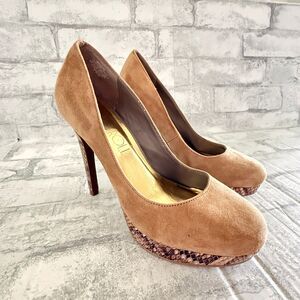Via Neroli Beige Suede Leather High Heel Platform Snake Print Stiletto Pumps 5.5